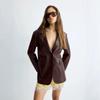 Womens Vintage Brown PU Leather Blazer Coat Loose Fit Notched Lapel Office Chic Single-Breasted Jacket