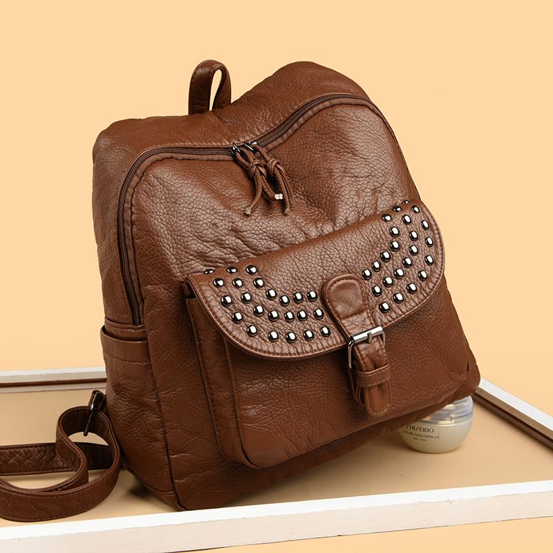 2025 Soft Leather Women Backpacks Rivet Multifunctional Shoulder Bags Female Retro Travel Teenage Girl Fashion Schoolbag