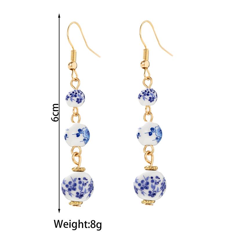 Blue White Porcelain Bead Earrings Round Chinese Style Retro for Women Han Fu Long Earring Pendant Niche Fashion Trend Accessory