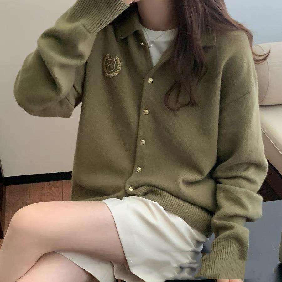 

Вінтажний кардиган-светр Жіночий університетський брендовий значок з вишивкою Сорочка-поло Вільне зимове пальто Осінь-зима Вуличний одяг One Size зелений