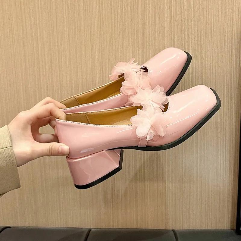 Fashion 2025 Women's Fashion Thick Heel Shoes Autumn New Square Head Shallow Mouth Butterfly Knot Anti-slip Wear-resistant Low-top Shoes
