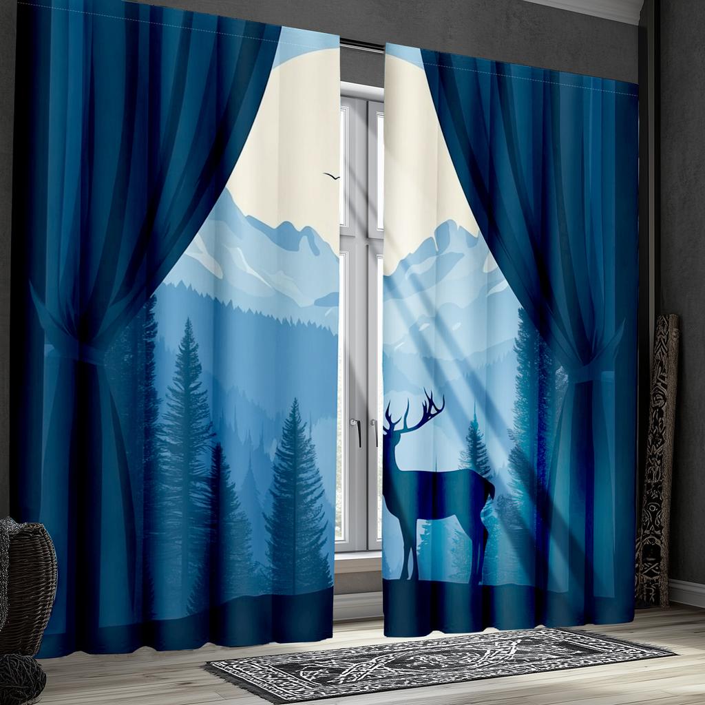 2pcs Classic Blue Deer and Mountain Design Curtains - Polyester   Nature-Inspired Decor for Bedroom & Living Room with Pine Trees