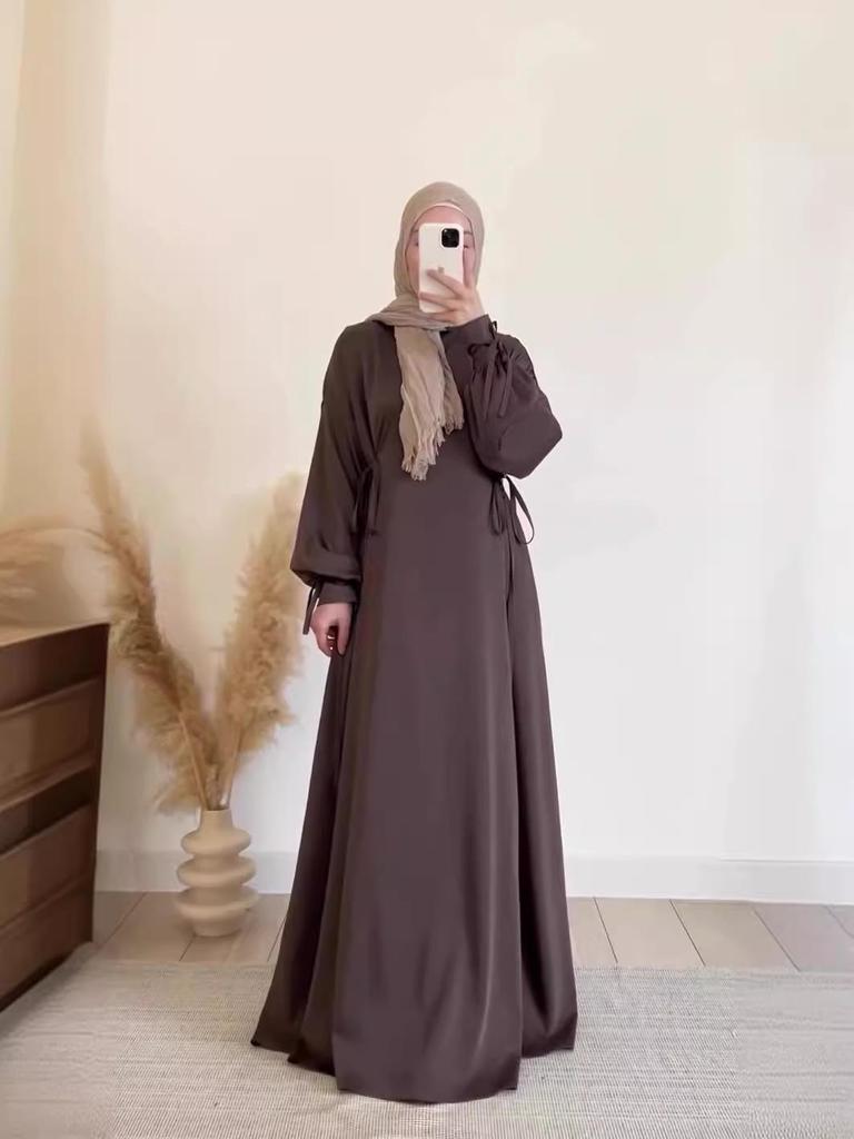 Rochie lungă slim A-line cu mâneci felinar și cravată, culoare uni, toamnă 2024