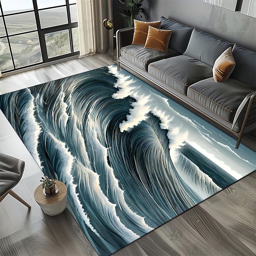 2025 New Style Blue Green Seawater Sea Wave Scenery Carpet Rug for Living Room Bedroom Home Sofa Decoration,Non-slip Floor Mat
