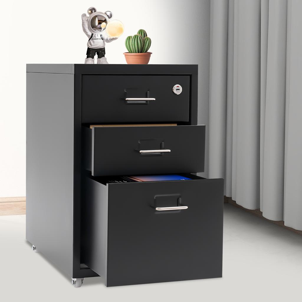 3-Tier Rolling Locking File Cabinet, Mobile Storage Organizer with Wheels for Office, Home Use,Black File Cabinet with Key Lock