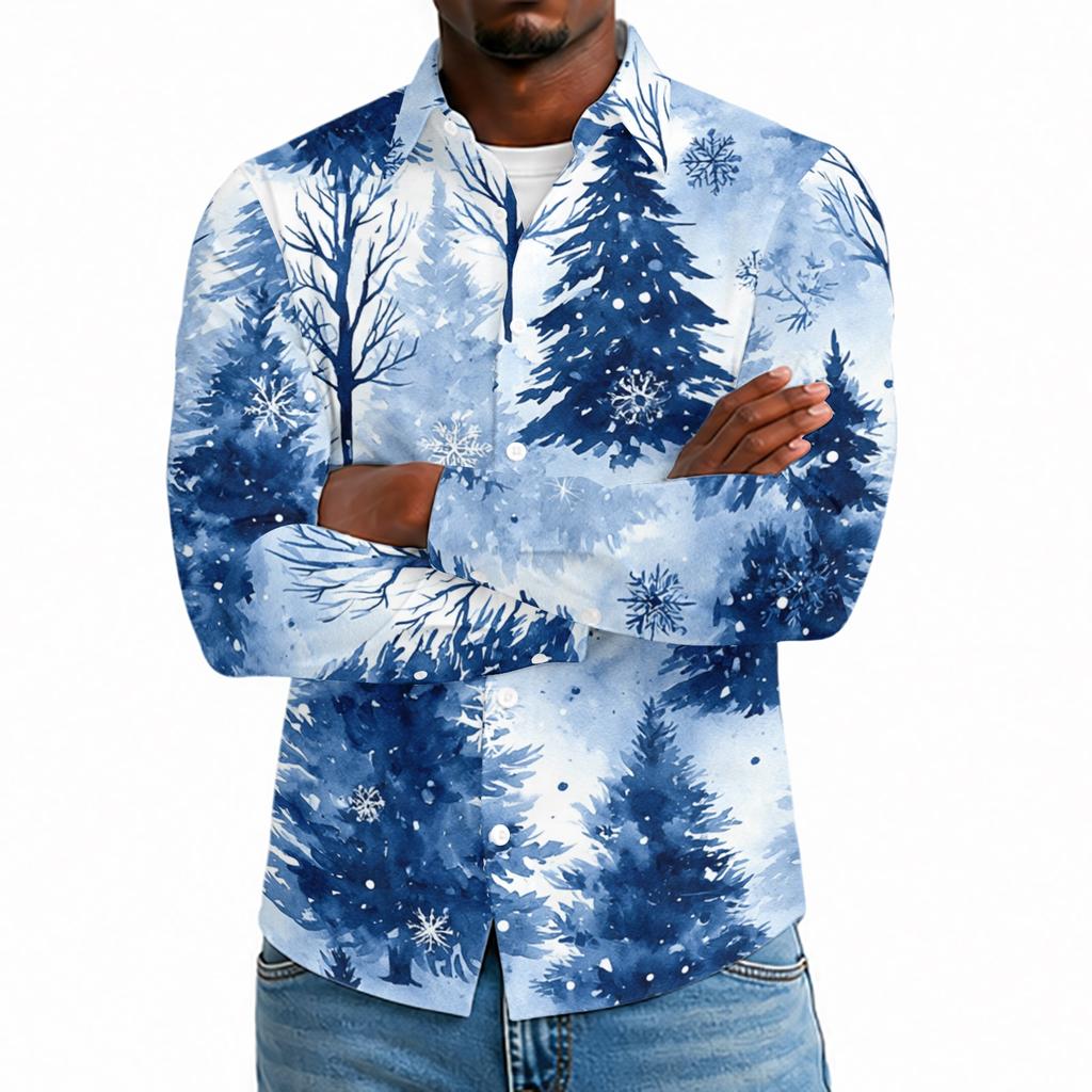Men's Casual Long Sleeve Shirt with Christmas Print for Spring and Daily Wear