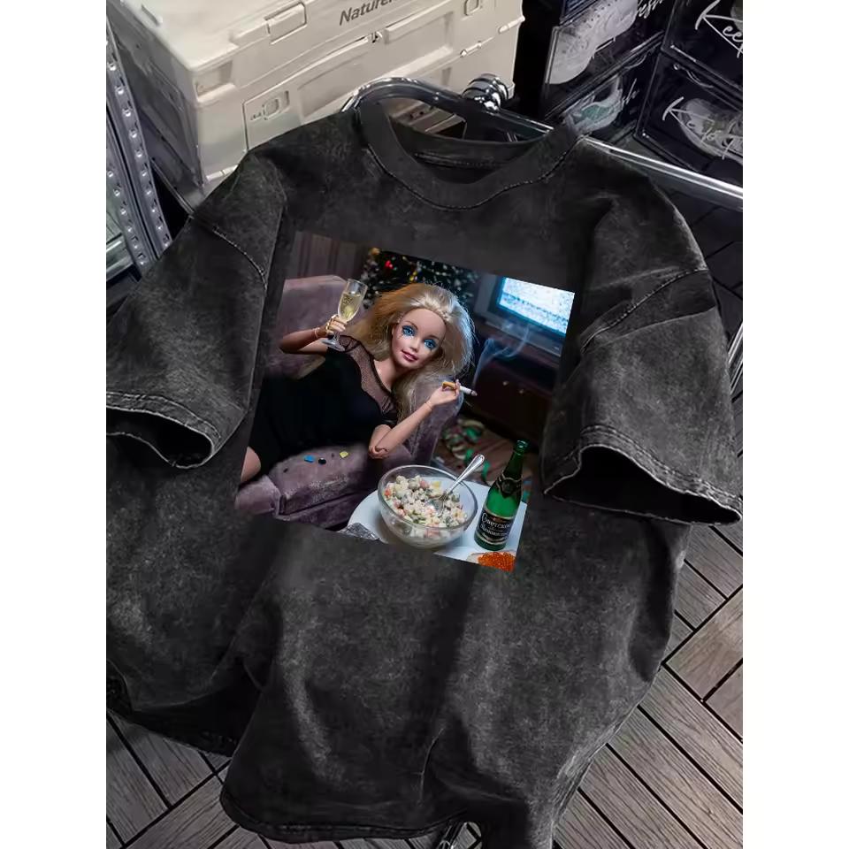 American Retro Trendy Doll Printed Washed T-shirt Street Washed Cotton Loose Neutral T-shirt Fashion Trend Y2K