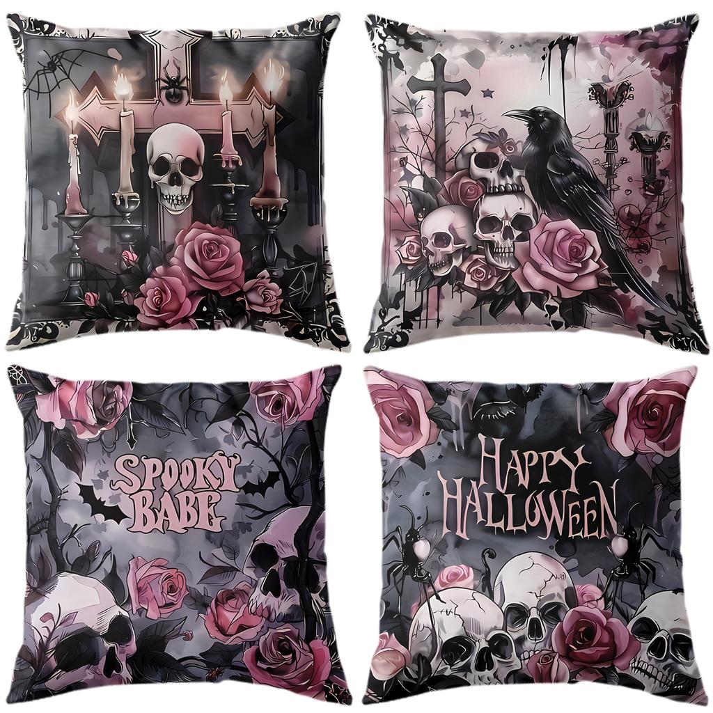 Spooky and Stylish Halloween Themed Pillowcases: Skulls, Roses, and Happy Halloween Designs Sofa Cushion Cover Gift