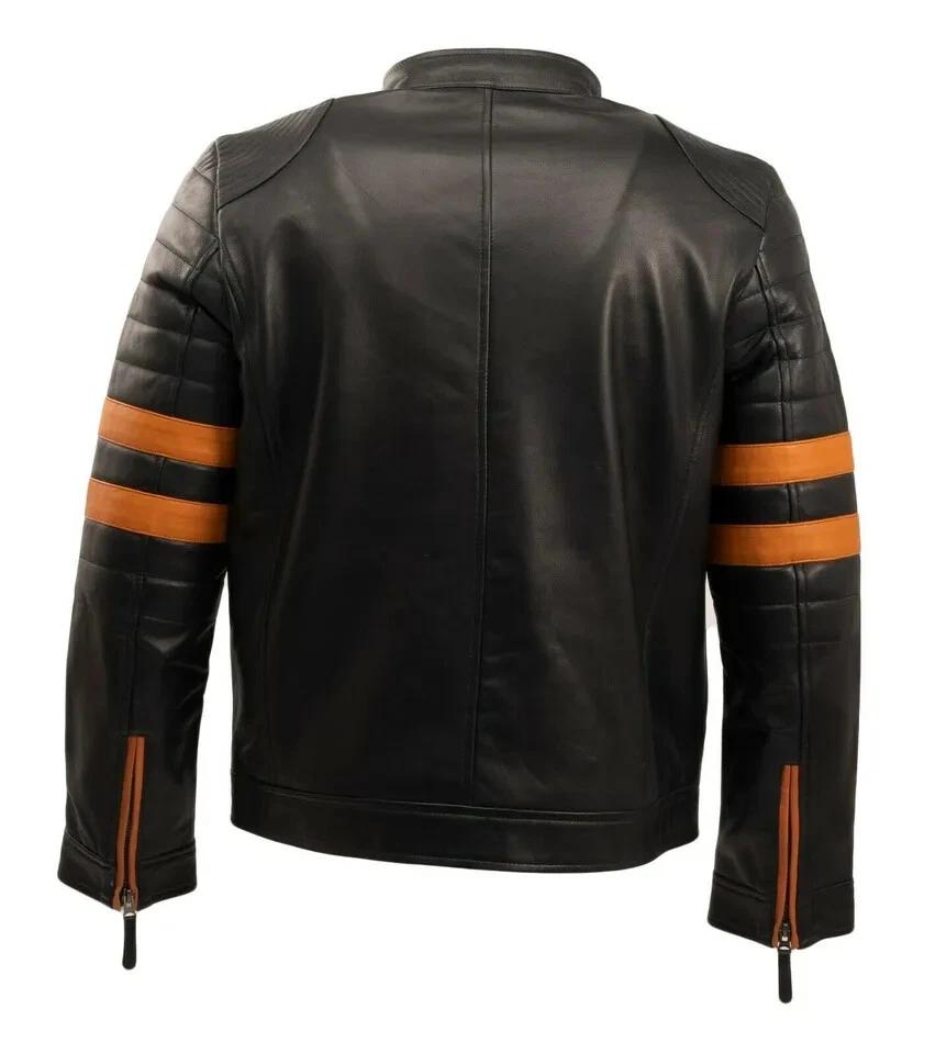 Handmade Moto Stylish Men Original Lambskin Leather Black Biker Jacket Orange Striped