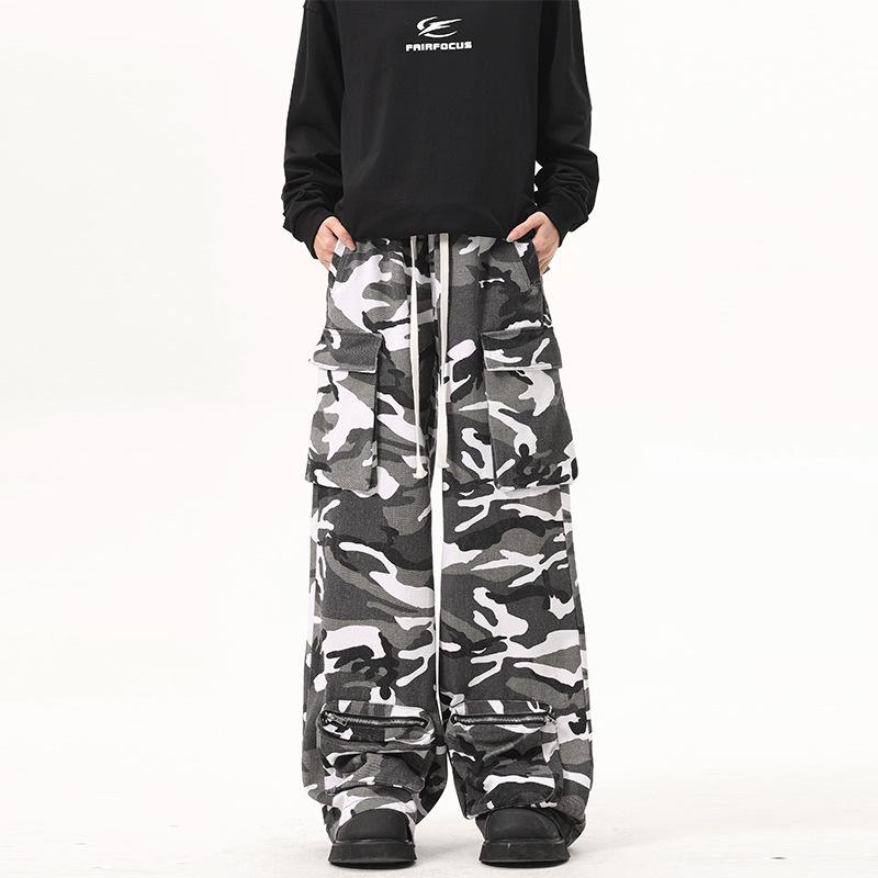 

Чоловічі ретро хіп-хоп камуфляжні штани карго: Вільний крій, прямі штанини, багатокишеньковий дизайн. XXL