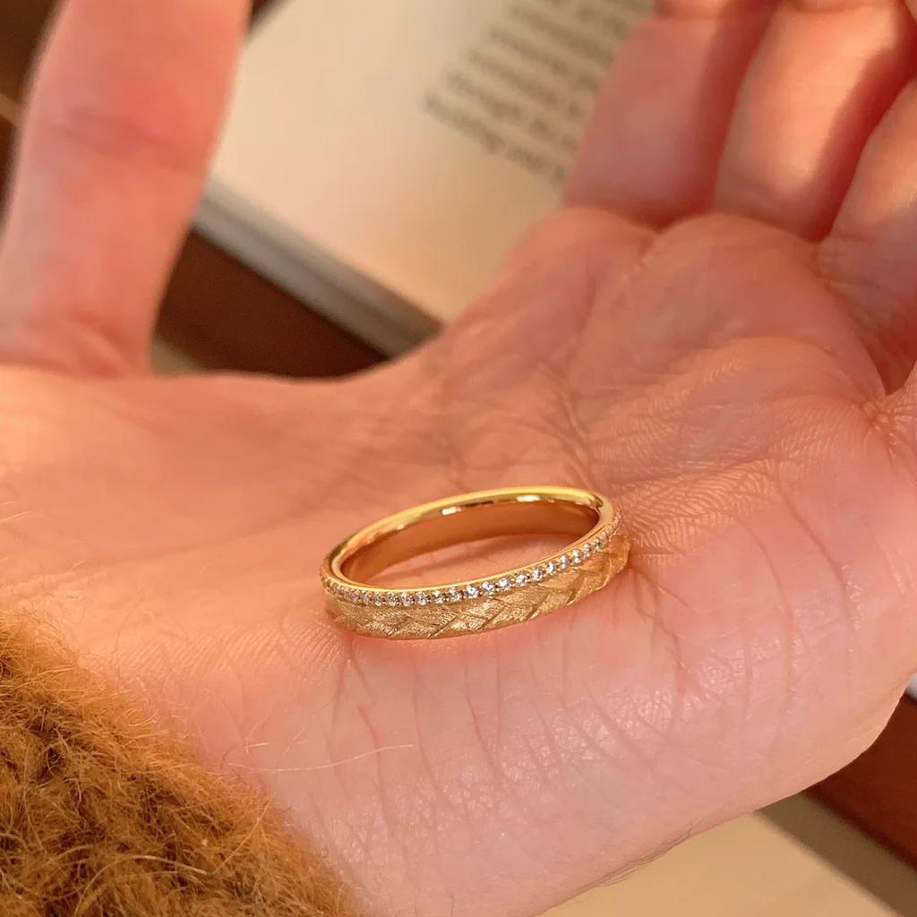 PANJBJ 925 Sterling Silver Golden Feather Ring For Women Zircon Irregular Frosting Fashion Jewelry Party Gift Dropshipping