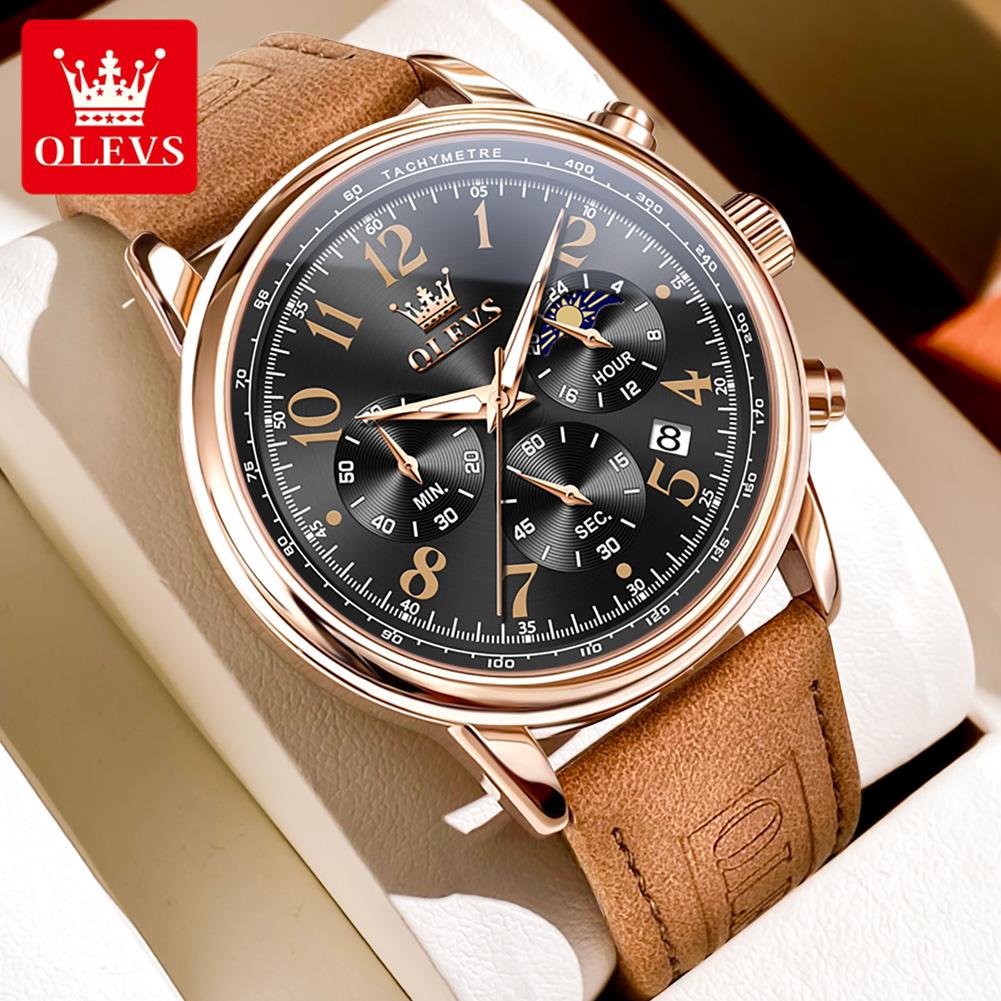 OLEVS Men's Watches Casual Fashion Leather Strap Waterproof Original Quartz Wristwatch for Man Moon Phase Date Chronograph 2912