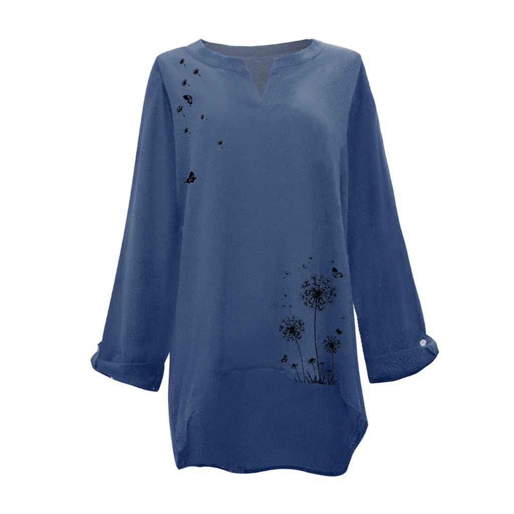 Plus Size Women Casual Long Sleeve Floral Print Loose V-neck Shirt Blouse Top