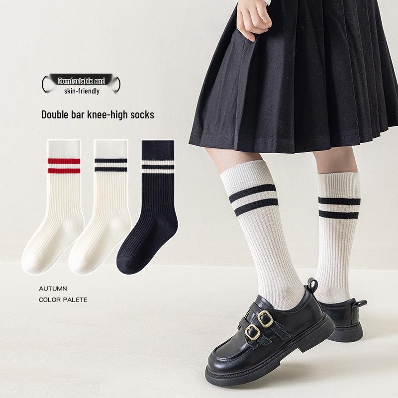 Korean Style JK Lolita Double Needle Calf Socks for Girls - Cotton Spring/Autumn/Winter, Medium & Large Size.