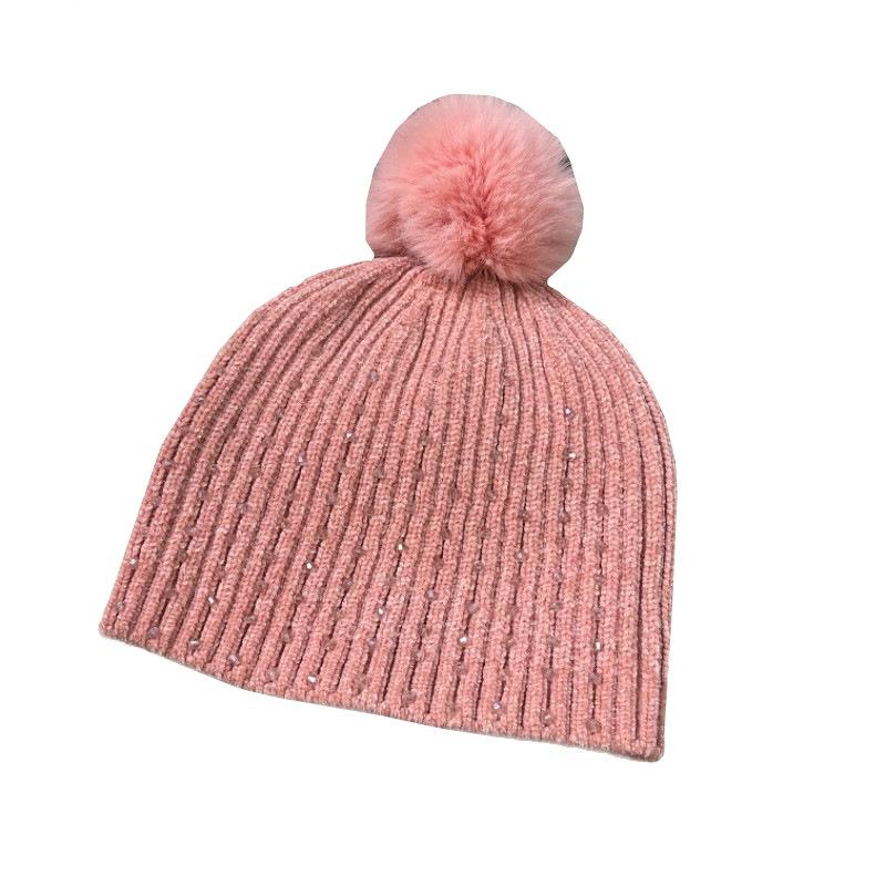 Wool hat women's autumn and winter new versatile winter rhinestone chenille knitted hat warm fashion hairball ear hat