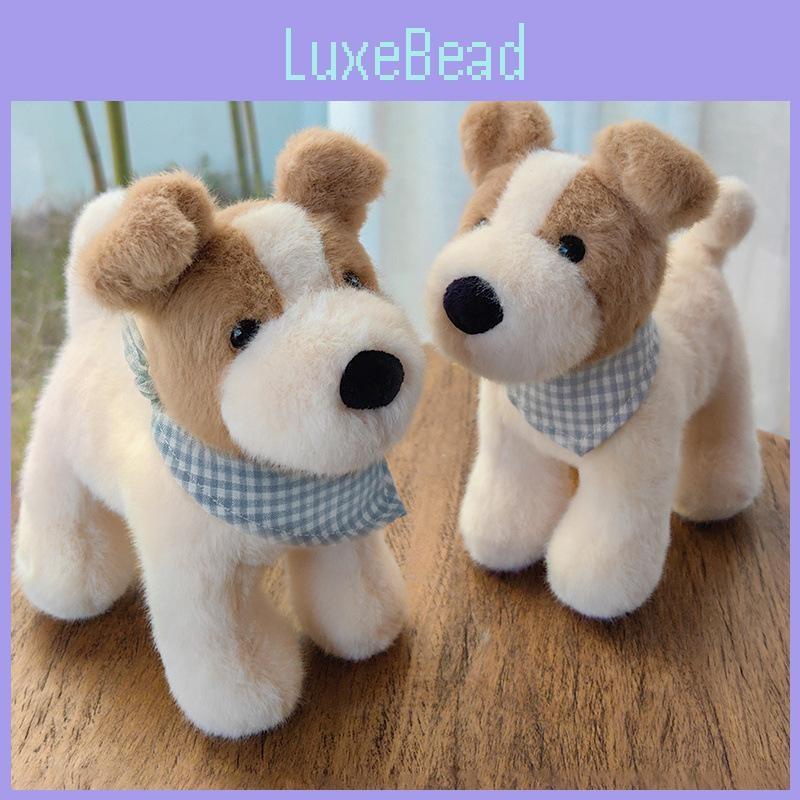 Checkered Cute Blue Scarf Plush Dog Doll Children Toy For Decoration Room