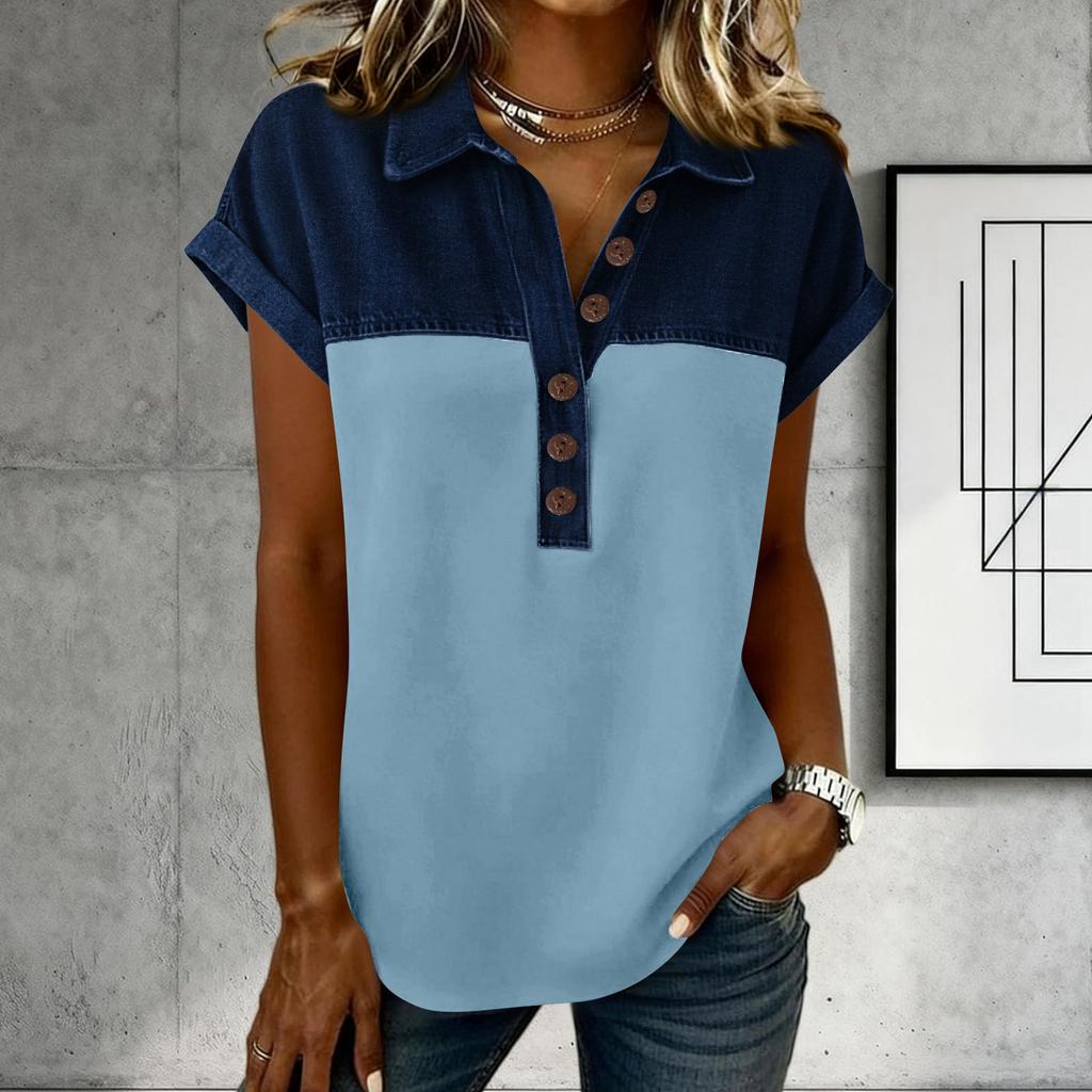 Denim Patchwork Shirts For Women Stand Collar Casual Blouse Short Sleeve Comfy Tshirt Spring Summer Fashion