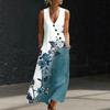 Women Sleeveless V Neck Button Front Maxi Dress Floral Print Linen Cotton Blend Casual Summer Dress with Pockets