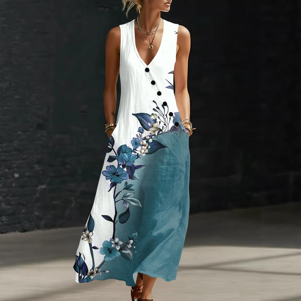 Women Sleeveless V Neck Button Front Maxi Dress Floral Print Linen Cotton Blend Casual Summer Dress with Pockets