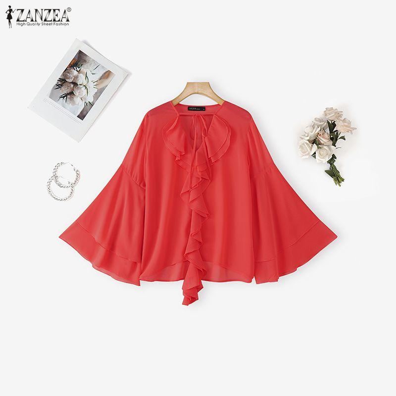 ZANZEA Blusa Elegante da Donna Casual con Scollo a V, Strati, Maniche a Svasatura, Semitrasparente, Larga