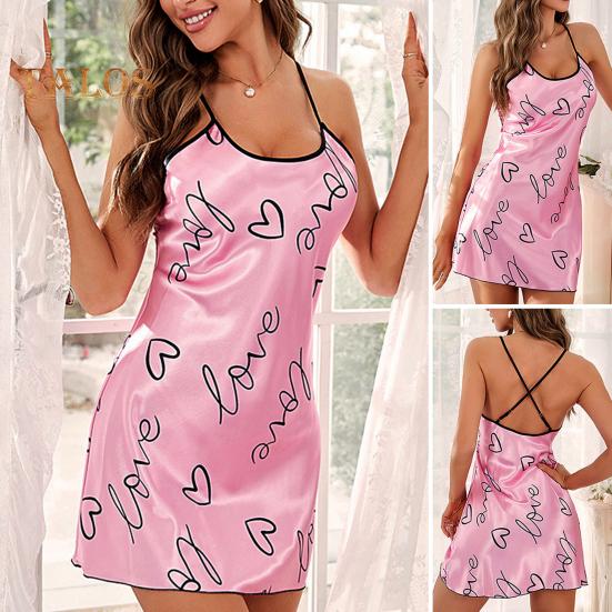 Rochie de noapte pentru femei cu gât rotund, fără mâneci, cămașă de noapte cu design cu bretele, imprimeu, țesătură netedă, mătase de gheață, îmbrăcăminte de dormit