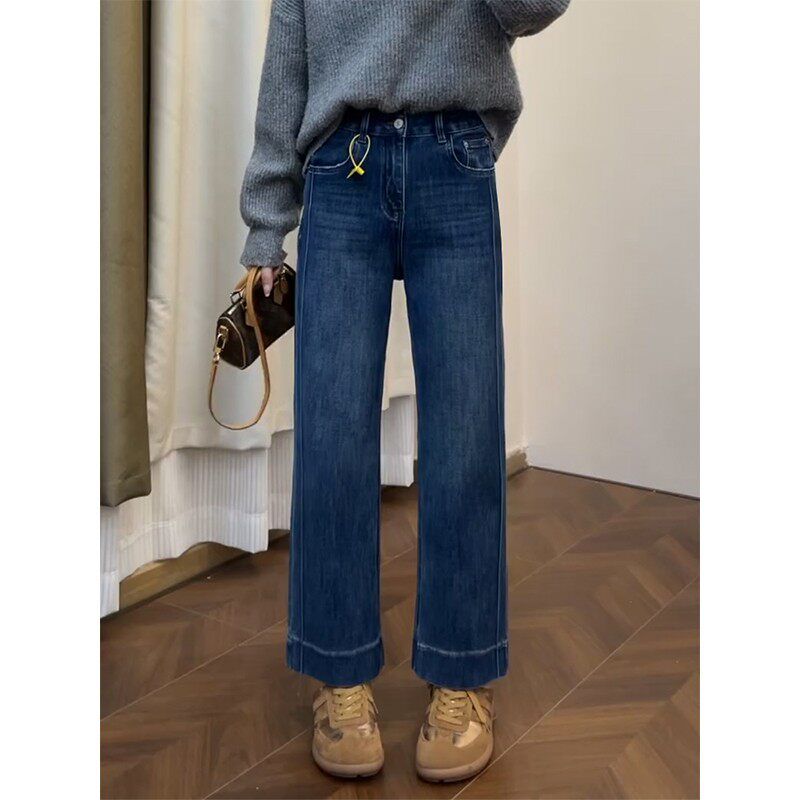 Blue Straight-Leg Jeans for Women, Summer New Style, Plus Size, High-Waisted, Stretchy, Slimming, Cropped Wide-Leg Pants for Pear-Shaped Body