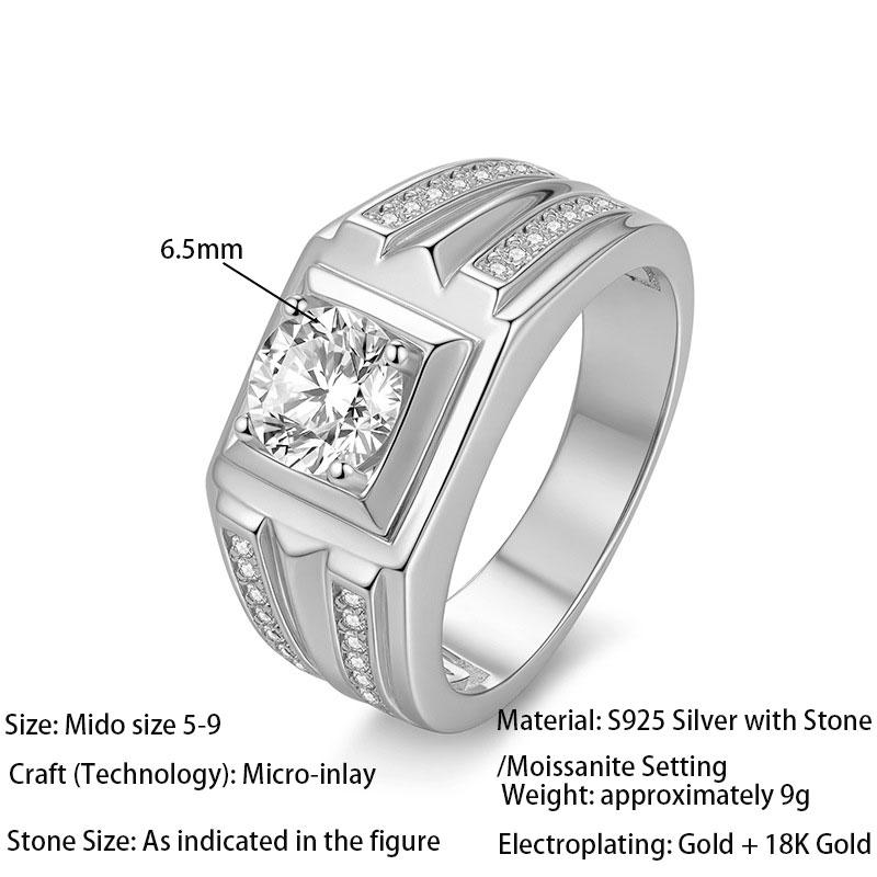 S925SilverMoissaniteRing for Men 6.5mm Round Cut 18K Gold Plated Chunky Band With Side Stones Vintage Statement Wedding BandGift