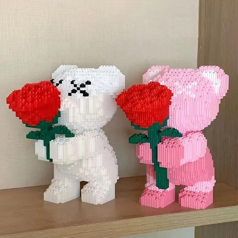 Cute Pink Flower Rose 3D Bear Micro Building Block Toy Educational Toy For Kids Couple Gift Desktop Home Decorations