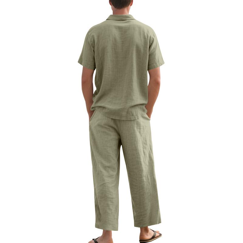 European Men's Casual Linen Short-Sleeve Shirt & Long Pants Set - Breathable Cotton Blend Two-Piece