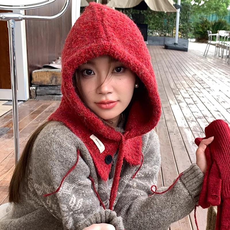 Korean Style Hat Scarf Women'S Autumn And Winter Warm Ear Protection Hooded Scarf Knitted Wool Hat