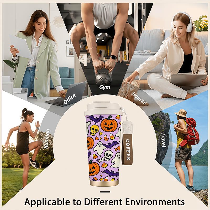 532ml Coffee Cup Halloween Pumpkin Ghost Bat Skull Candy MotifCar Portable Cup Flip Lid Coffee Cup Double Wall Insulated Cup