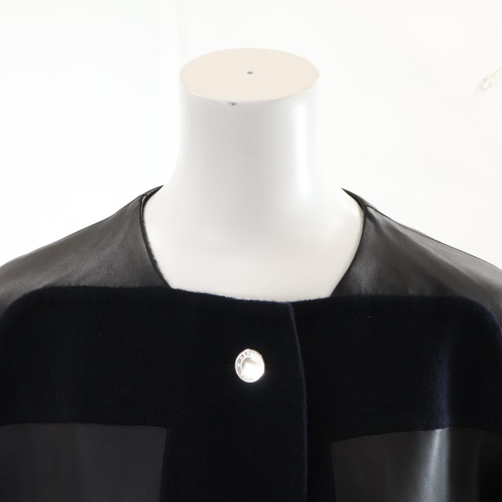HERMES Beautiful item, genuine Japanese made, 16AW cashmere x lamb leather, serie button collarless jacket coat 34 Dark navy x blackUsed