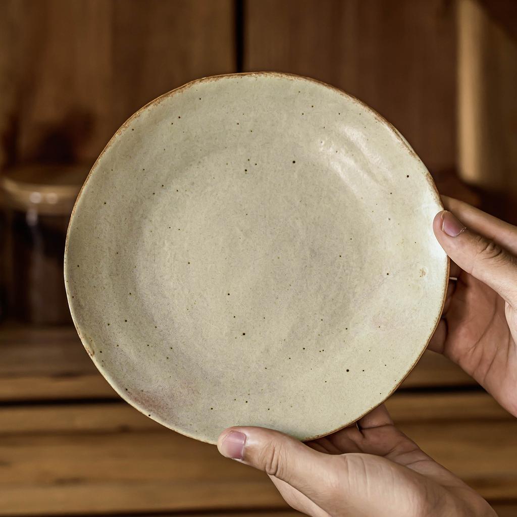 Coarse Pottery Shallow Plate Retro Style Plate Vegetable Plate Household Japanese Tableware Plate Plate Round Western Food Plate Pasta Plate