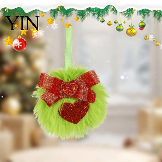Glitter Bow Holiday Decorations Faux Fur Pom Poms Christmas Ornaments, 2.3 Inch Soft Fluffy Green Ball Hanging Cute Seasonal Decorative Accents