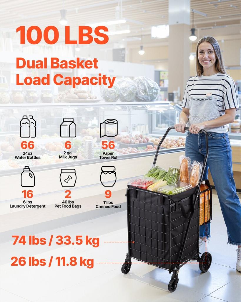 Shopping Cart, Folding Grocery Utility Cart with Dual Baskets, Waterproof Liner & Wheels, 45 KG Large Load Capacity, Heavy Duty Laundry Basket for