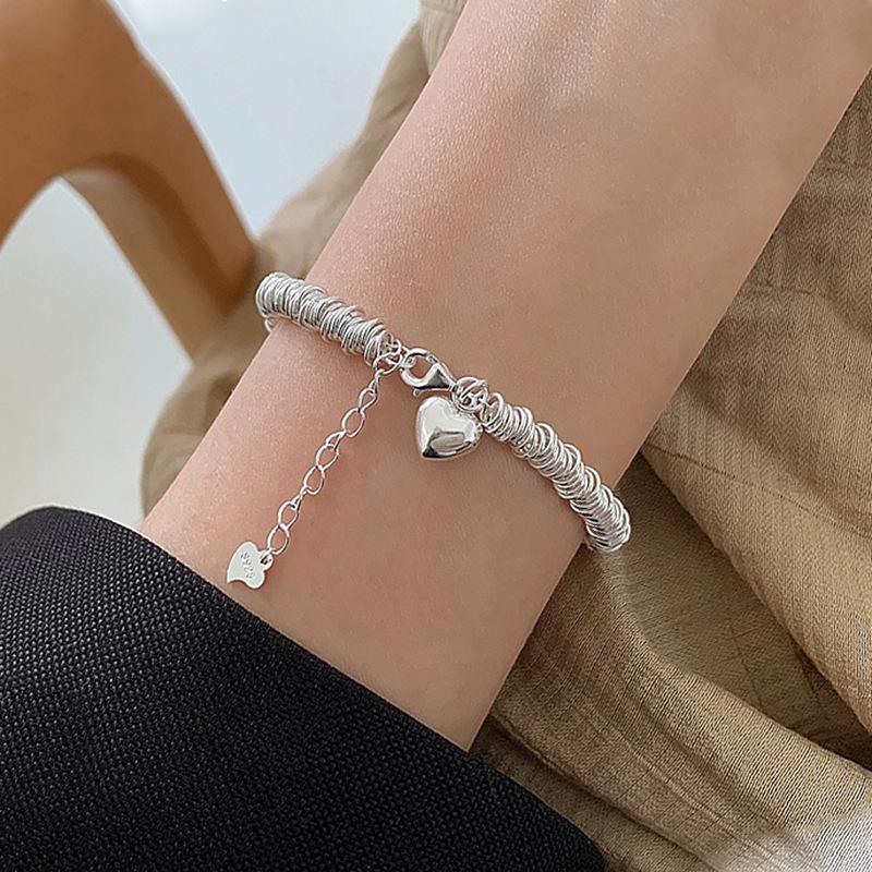 Glossy Heart Circle Bracelet - Women's Retro Luxury Silver Jewelry