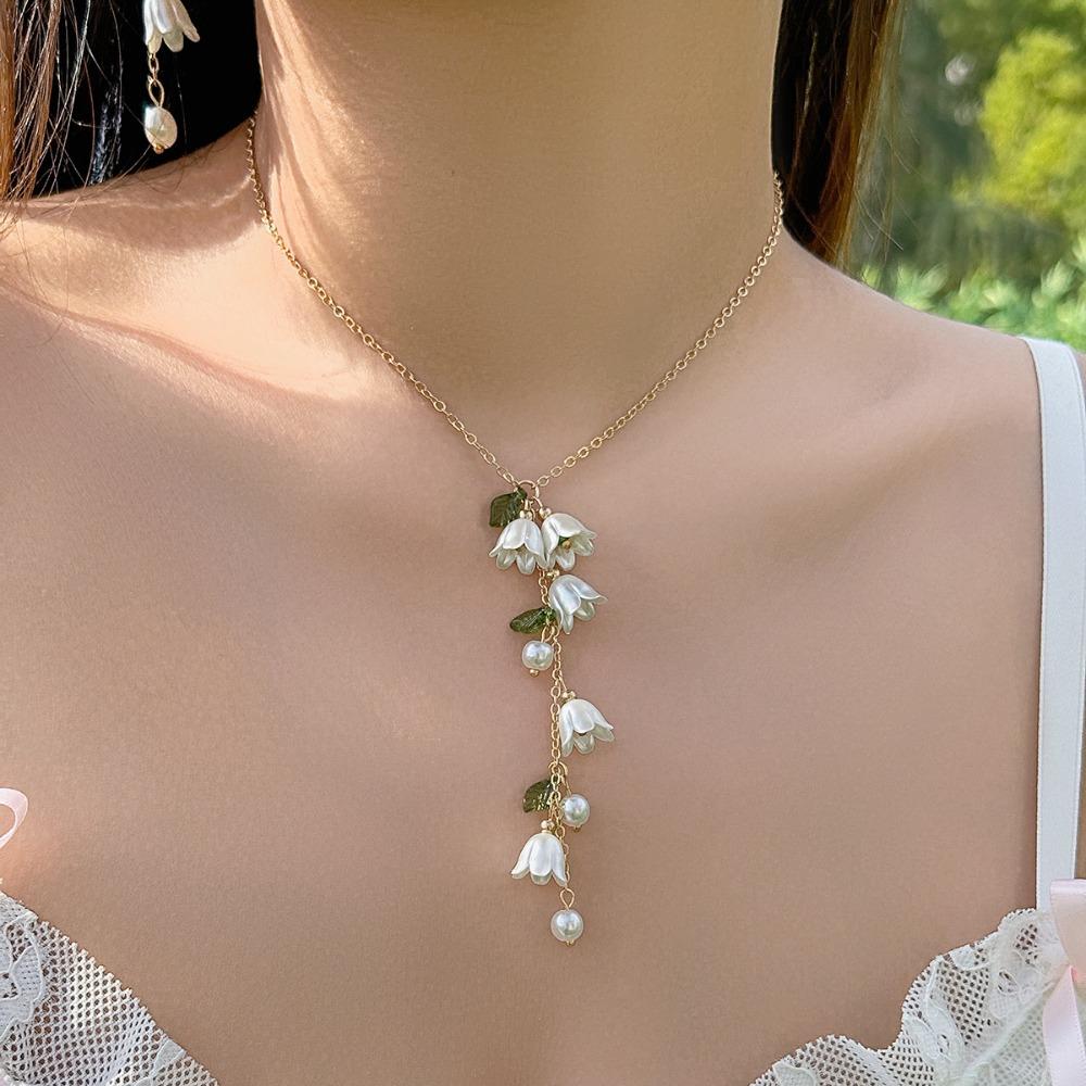 Hand Chain Flowers Jewelry Set Bracelet May Bells Earrings Lilies of The Valley Necklace  Women