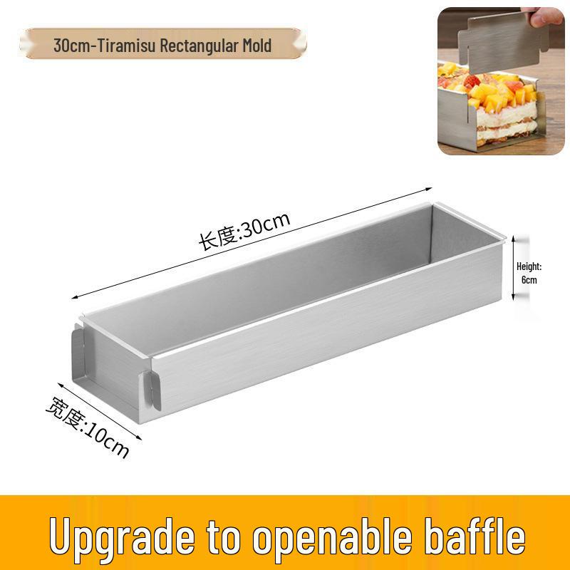 Tiramisu Set: Rectangle Stainless Steel Mold, Cake Base, Long Tray, and Spatula.