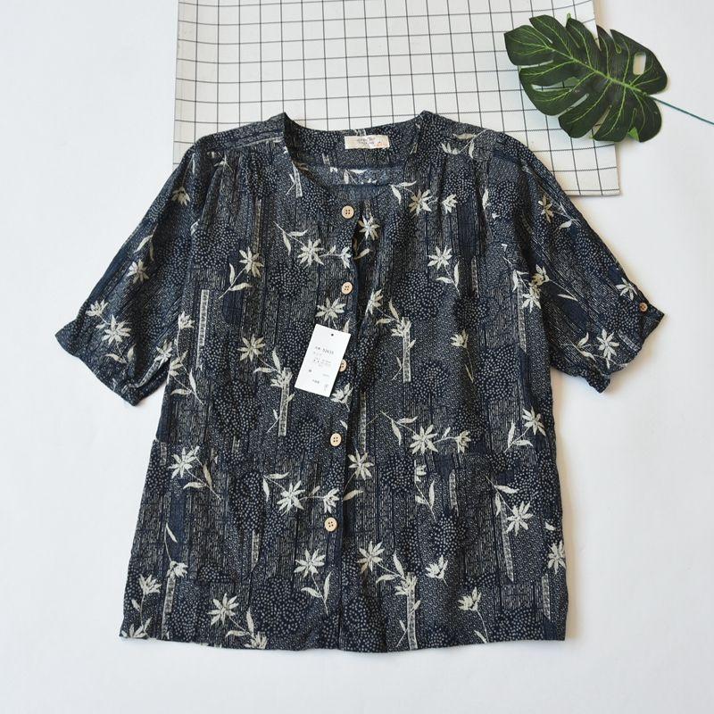 

Japanese Single Women s Woven Pure Cotton Printed Homewear Pajamas Tops Summer Thin round Neck Shirt with Half Sleeve Can Be Outwear Cardigan Figure 1 M-L