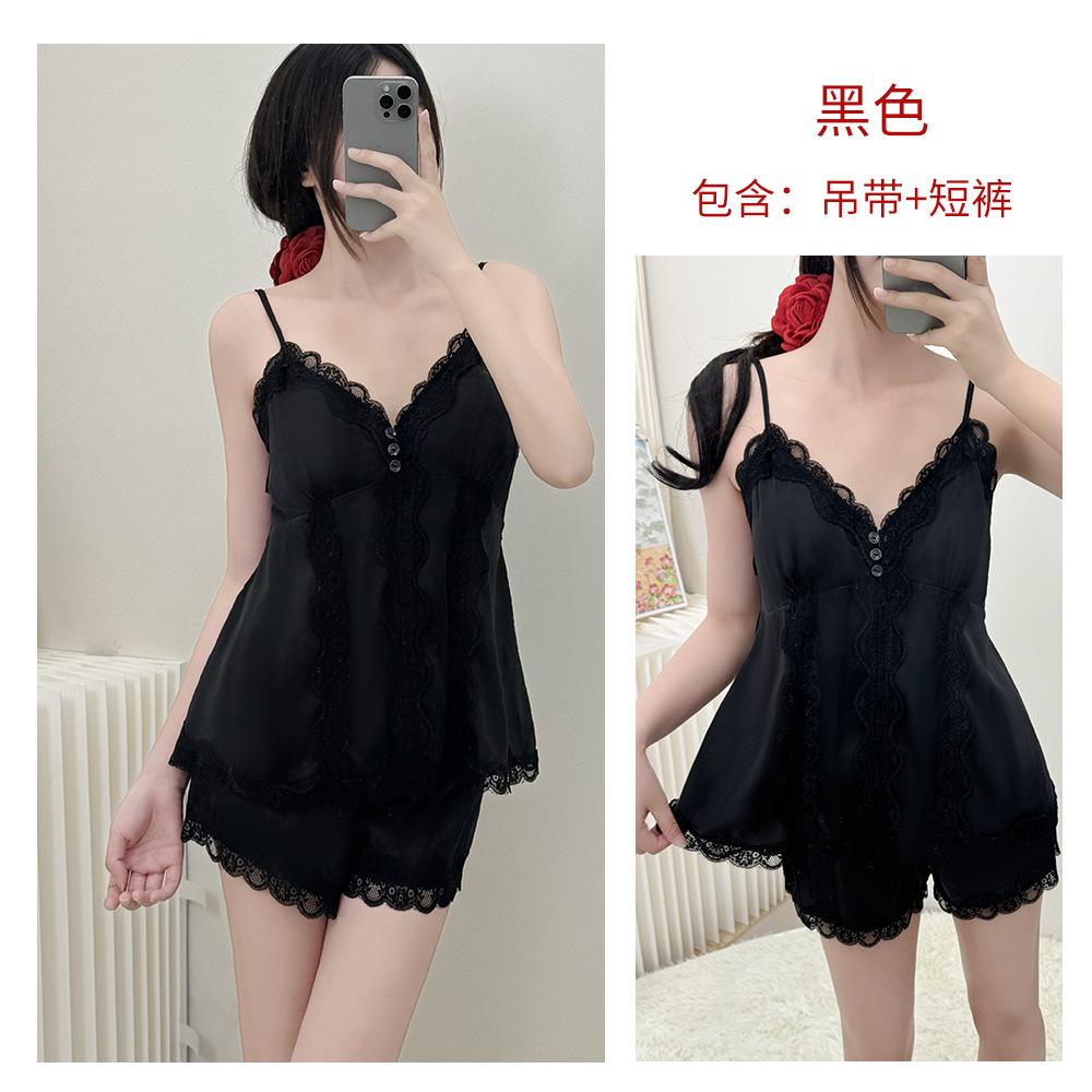 French Style Light Luxury Spaghetti Strap Shorts Set for Women, Summer with Chest Pad, Home Lace Loungewear, Thin Ice Silk Women's Pajamas