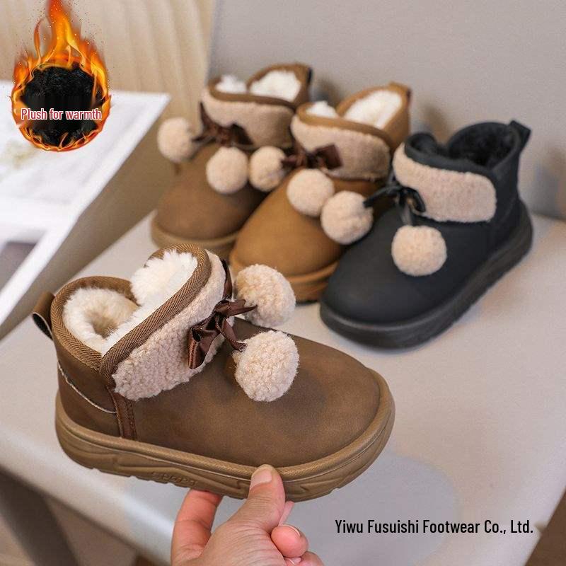 Four Seasons Girls' Velvet Snow Boots with Fur Ball Bows and Non-slip Sole.