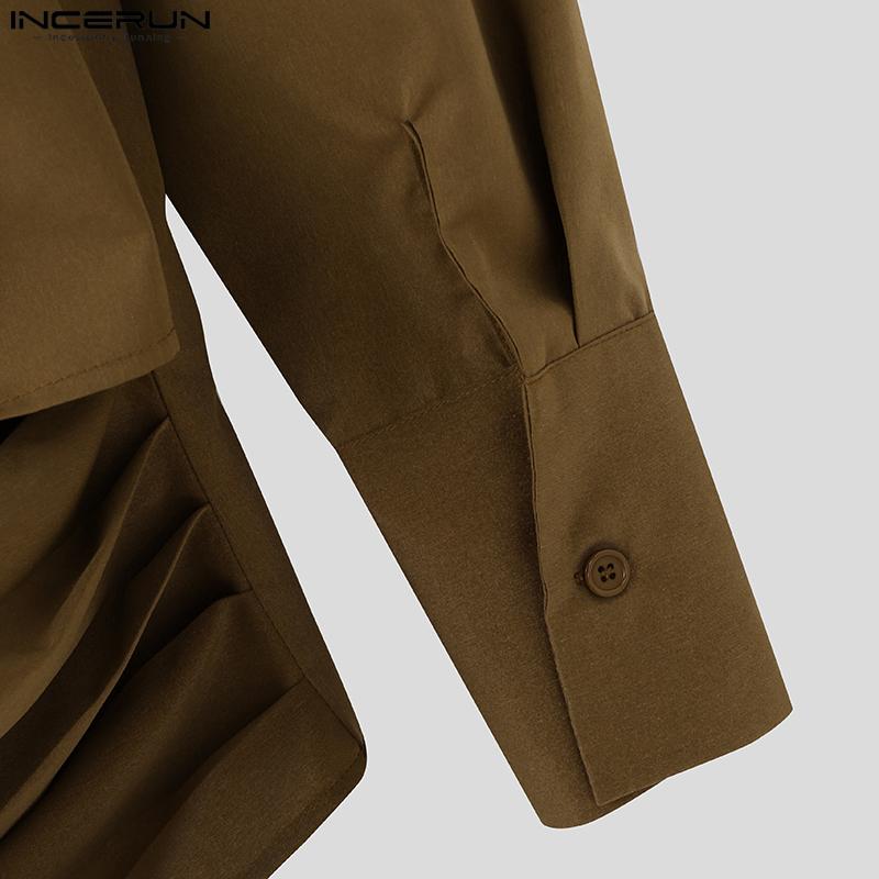 INCERUN Men Irregular Ruffled Shirts Front Cross Hollow Long Sleeve Tops