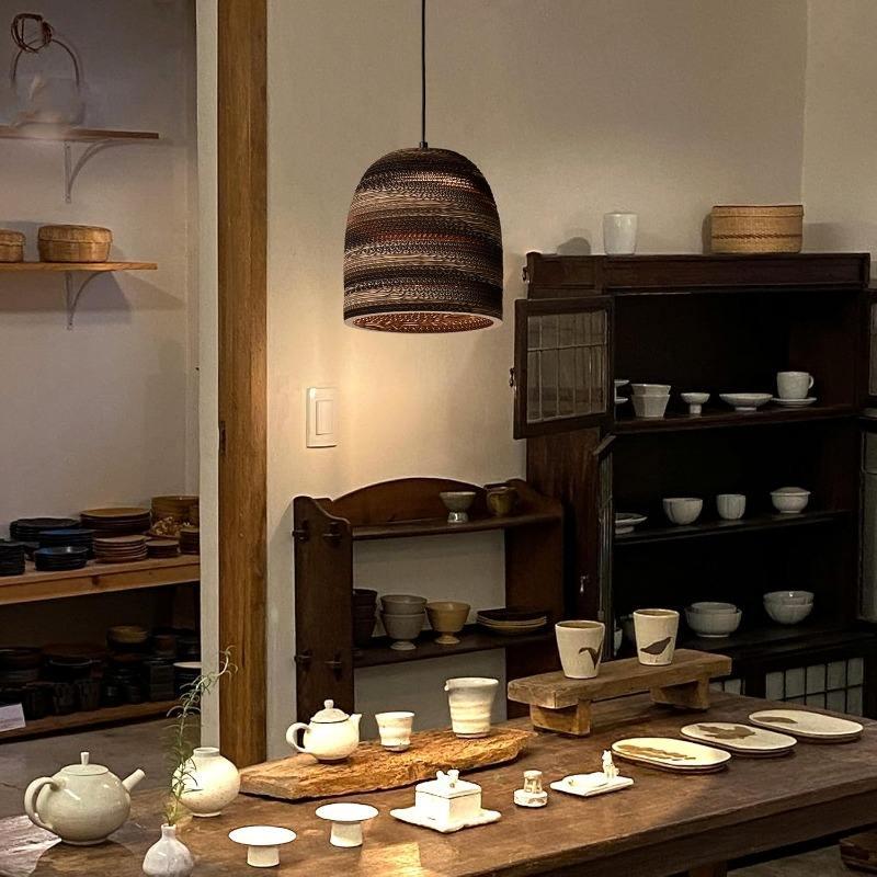 Vintage Nordic Corrugated Paper Round Shade Cord E27 Hanging Lamp Indoor Decoration Brown Pendant Light Fixture Restaurant