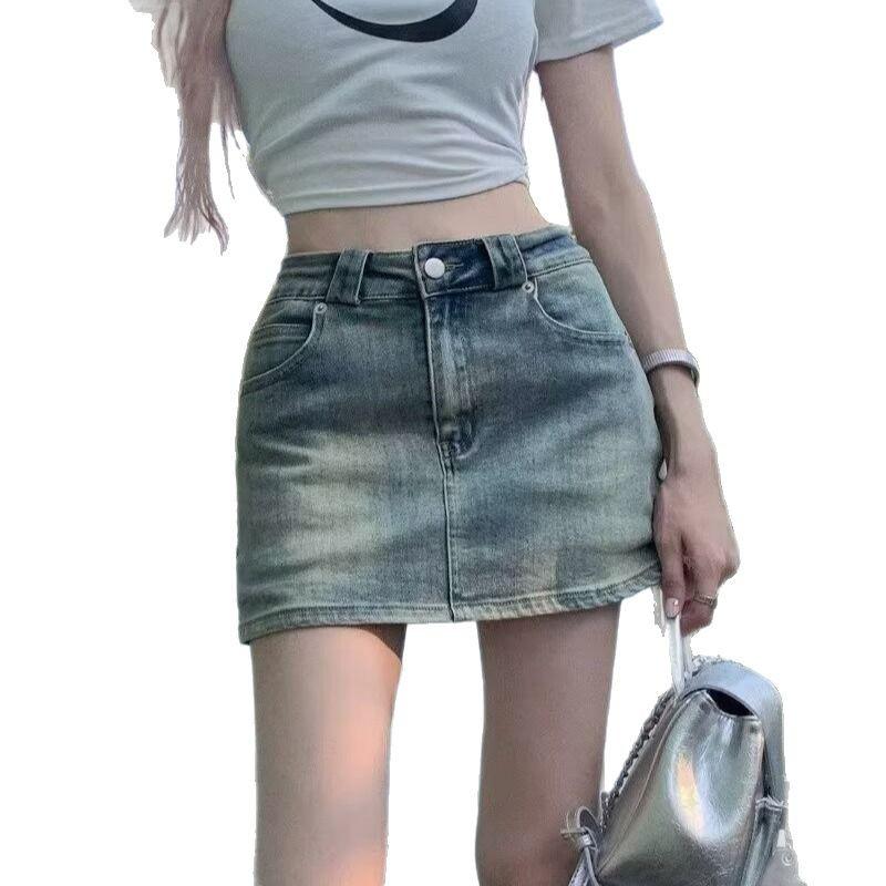 2025 Summer Women's High Waist Distressed Denim A-Line Skirt