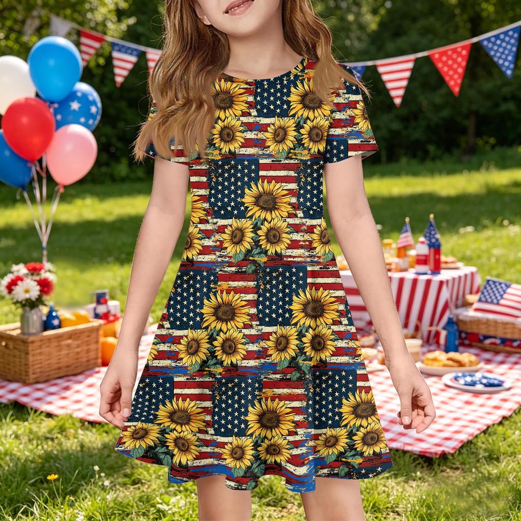 Girls Independence Day Printed Short Sleeve Dress with Pocket Casual Summer Toddler Skater Dress for Kids