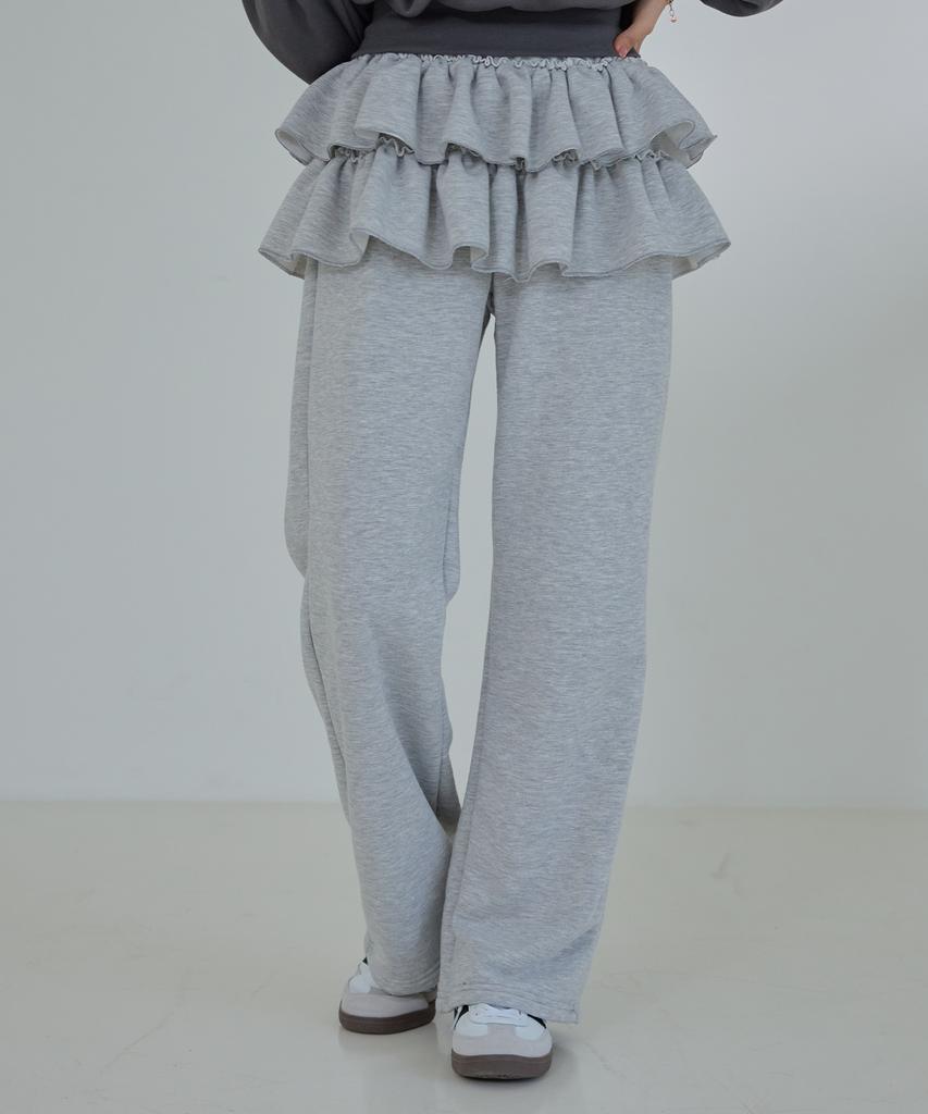 AWESOME STUDIO Frill Tiered Skirt Embellished Sweatpants Melange Gray