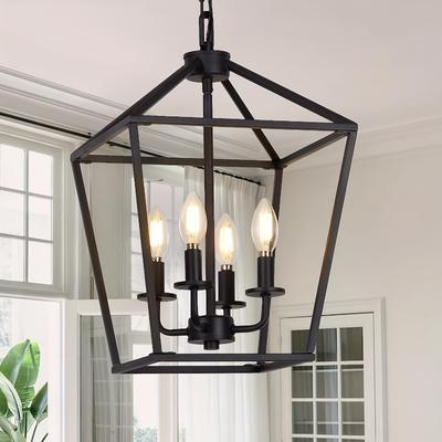4 Lights Farmhouse Pendant Light Fixture with Metal Cage Adjustable Height Industrial Pendant Light for Kitchen Island Bedroom Entrance