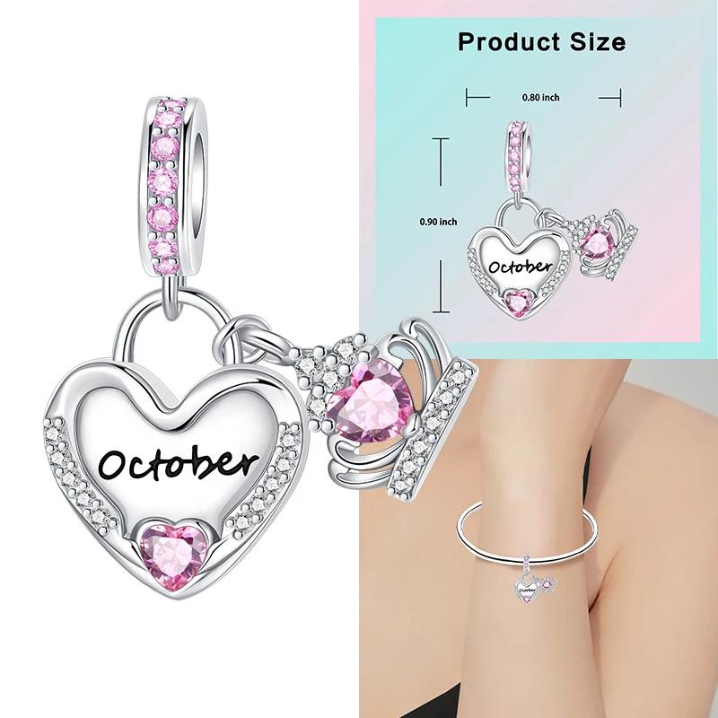 Copper 12 Months Birthstone Heart-Shaped Beads Charms Fit Original Bracelet Charm Beads Necklace Diy Female Jewelry
