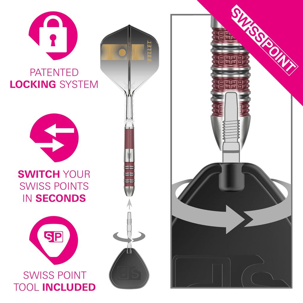 TARGET Stephen Bunting 95K Swiss Point Steel Tip Dart Set, 22G/23G Kflex Flights & Shafts, Bullet Player Edition 95% Tungsten Darts