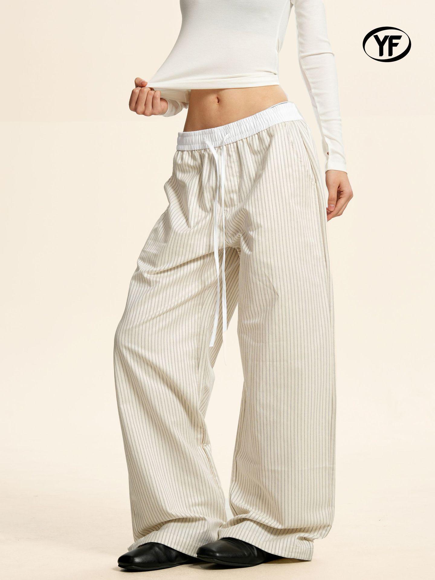 Yongfang Unisex Retro Double Waistband Striped Patchwork Casual Pants: Comfortable, Loose, and Straight Leg Fit S